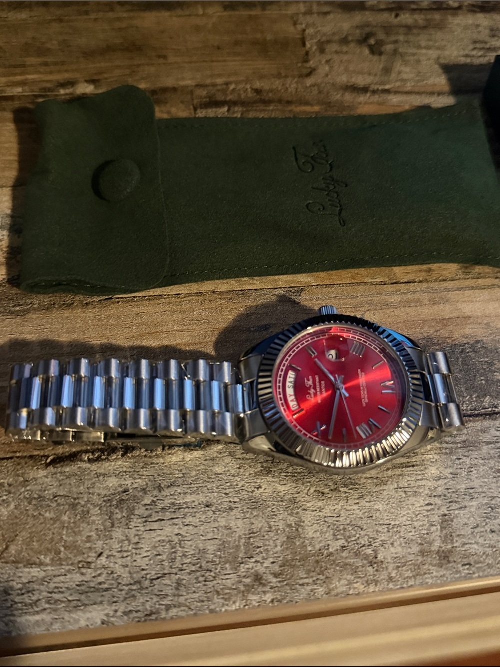 Men’s Stainless Steel Watch with Red Dial